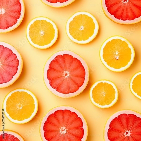 Fototapeta Creative layout made of grapefruits on yellow background. Flat lay, top view.