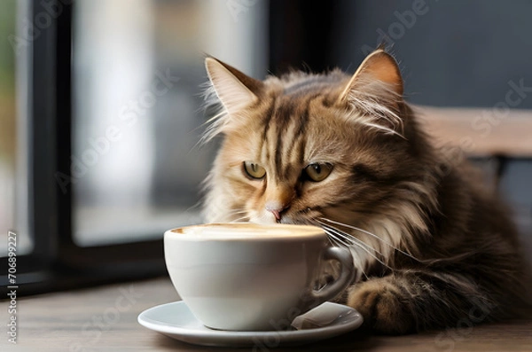 Fototapeta cat with cup of coffee