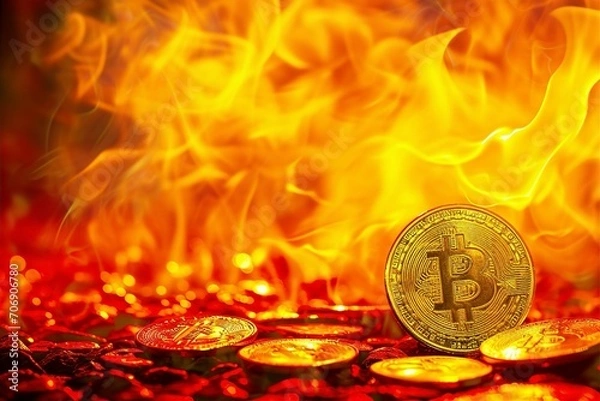 Obraz 燃えるビットコインのグラフィック写真（仮想通貨・暗号資産・市場暴落・恐慌売り）