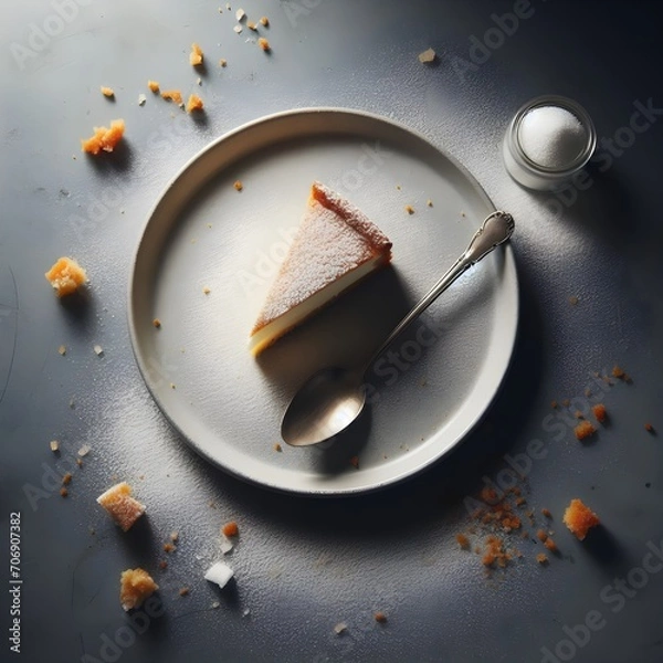 Obraz White plate with sweet cake and spoon, with some white sugar left on plate top view