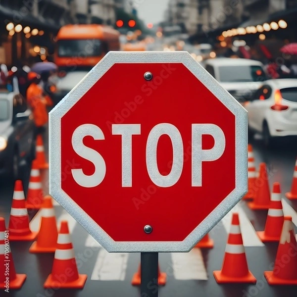 Obraz stop sign with city road background