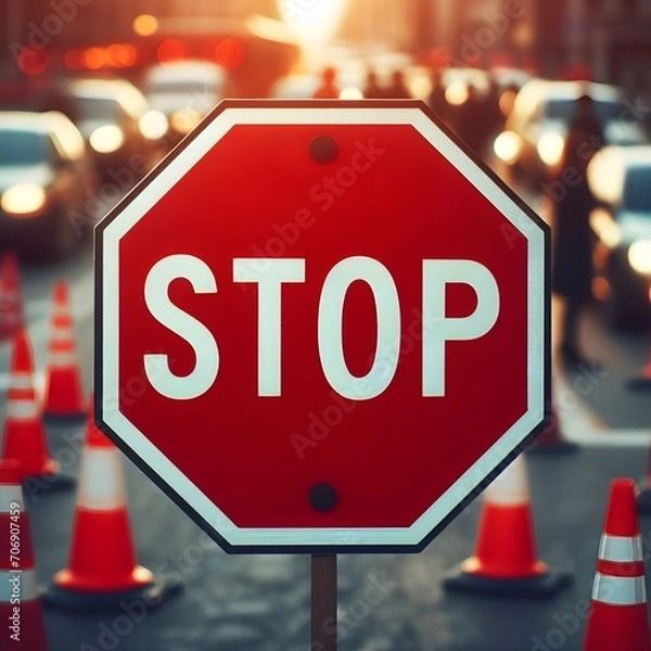 Obraz stop sign with city road background