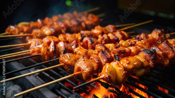 Fototapeta Succulent Madura chicken satay skewers sizzle, tempting with char-grilled perfection in a mouthwatering close-up shot