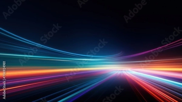 Fototapeta Multicolored light streaks form a flat line in a dark background