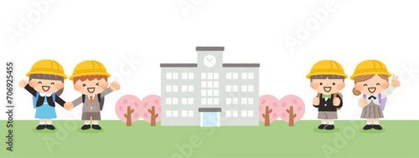 Obraz 春の学校と子供たちのイラスト素材