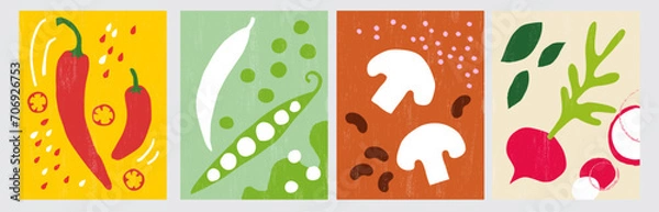 Obraz Set of Vegetable Ingredients: chili, peas, mushrooms, radish, red beans, beans, spinach. Vector in flat minimalistic style.