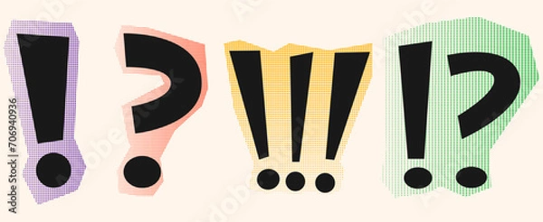 Obraz Doodle exclamation point and question sign mark set. Pop art style exclamation point sign, question mark. Halftone illustration