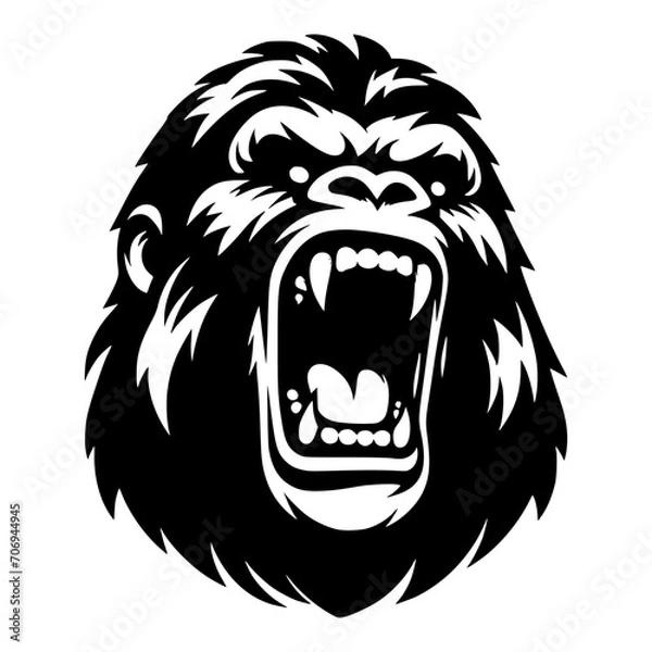 Fototapeta Vector logo of a raging gorilla. Professional logo of a mad kong. Black and white logo of an ape isolated on a white background.
