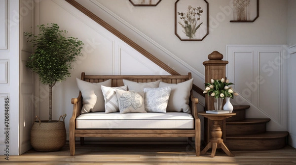Fototapeta Rustic Welcome: Modern Entryway Design with Loveseat Sofa and Wooden Staircase