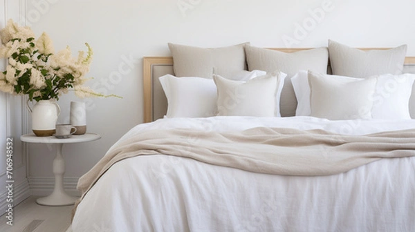 Fototapeta Serenity in Neutrals: Pastel Beige and Grey Bedding in a Minimalist Setting