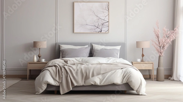 Fototapeta Serenity in Neutrals: Pastel Beige and Grey Bedding in a Minimalist Setting