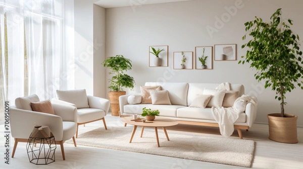 Fototapeta Simplicity in Design: White Sofa and Armchairs for a Scandinavian Touch in the Living Room