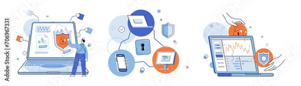Fototapeta Cyber security vector illustration. Tech professionals provide support in implementing effective cyber security measures The concept cyber security encompasses defense digital assets and information