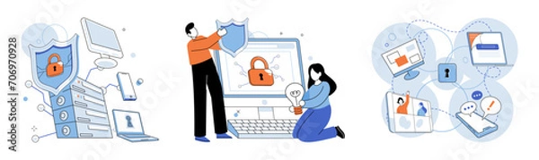 Fototapeta Cyber security vector illustration. Secure access to systems and information is essential for maintaining privacy Firewall software acts as protective barrier against cyber threats Tech professionals