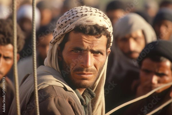 Fototapeta A close-up portrait of a man with a piercing gaze looking through a fence, with others gathered in the background.