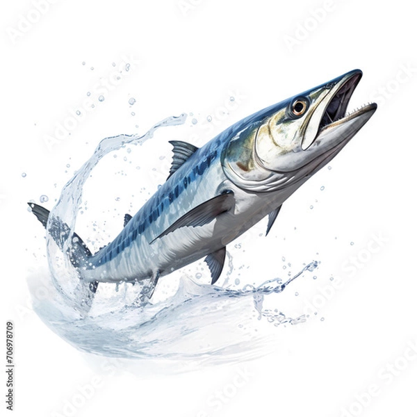 Fototapeta Mackerel jumping out of the water, massrealism, sketchfab, photorealistic hyperbole, animated gifs, isolated on white background, png