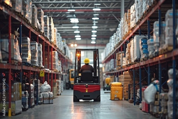 Fototapeta Photo of a man operating a forklift in a busy warehouse