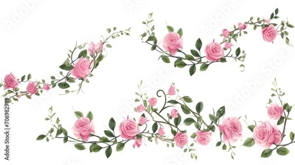Fototapeta Spring sakura cherry blooming flowers bouquet. Isolated realistic pink petals, blossom, branches, leaves vector set. Design spring tree illustration,generative ai