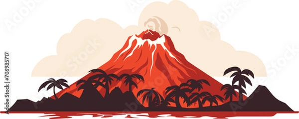Fototapeta Erupting volcano with lava flow and palm trees. Natural disaster volcanic eruption with smoke clouds vector illustration.