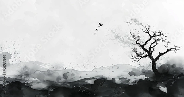 Fototapeta Abstract background with ink line decoration creates an artistic concept of landscape painting, conveying beauty in a unique visual expression.