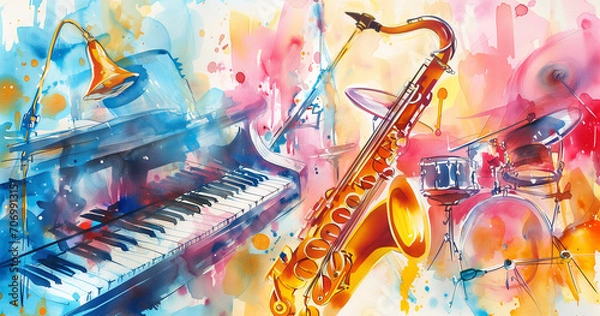 Obraz A melodic world depicted in watercolor, presenting a conceptual background that resonates with the vibrant and harmonious essence of the music.