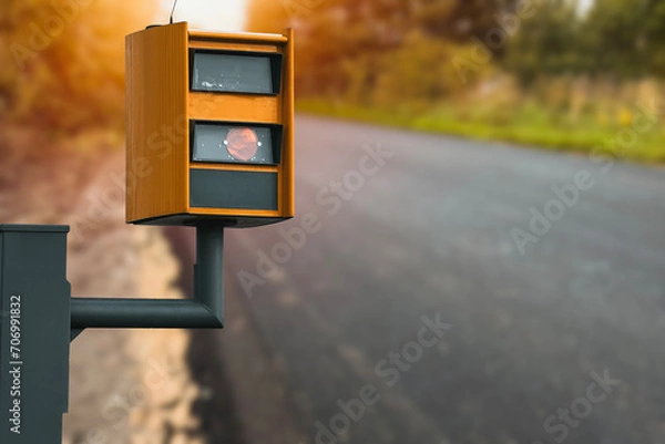 Obraz A radar-equipped speed camera monitors the traffic on a road, flashing a yellow light when it catches a car exceeding the speed limit, and using technology to identify the vehicle and enforce the law.