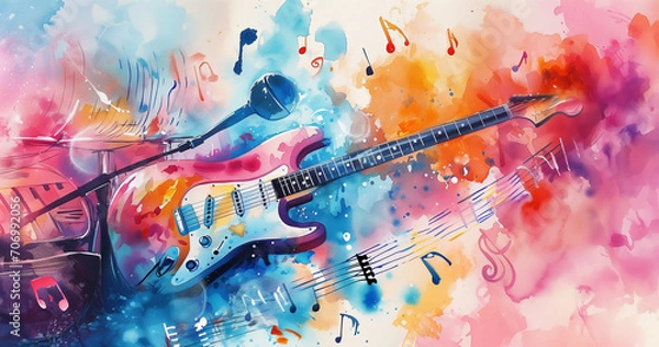 Obraz A melodic world depicted in watercolor, presenting a conceptual background that resonates with the vibrant and harmonious essence of the music.