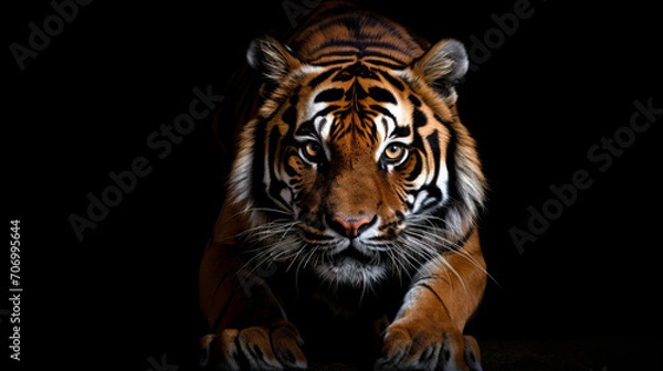 Obraz Close up Siberian Tiger walking on road through dark forest