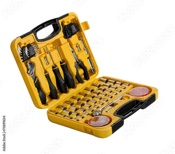 Fototapeta Toolbox with different instruments isolated on white