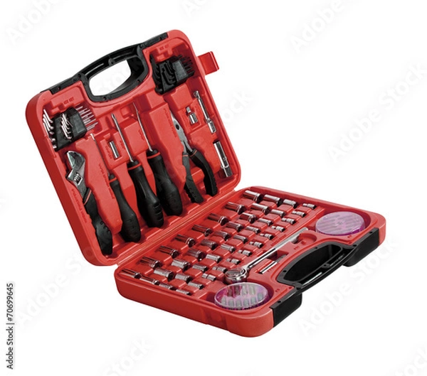 Fototapeta Red toolbox with different instruments isolated on white