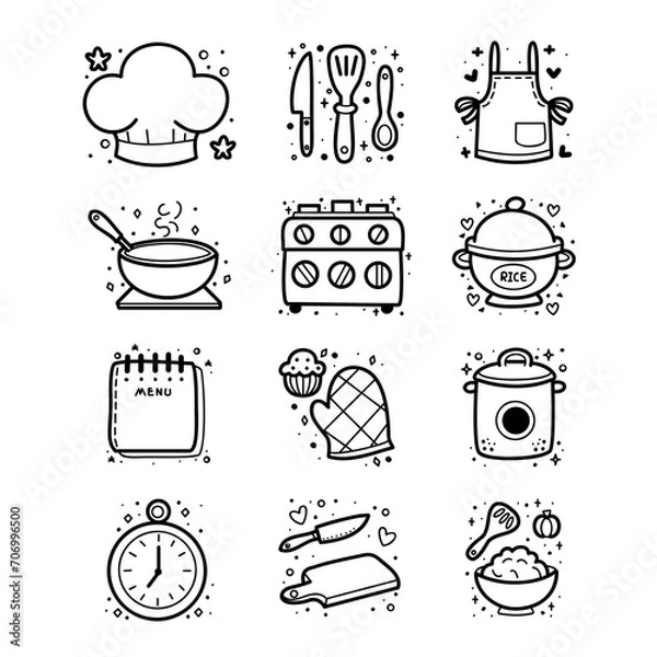 Obraz Collection of cozy kitchenware and utensils elements, cute hand drawing icons, vector illustration.