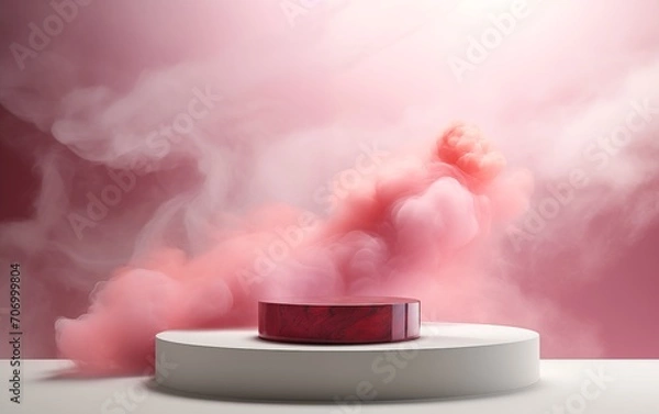 Fototapeta two marble brown and white round stand on a white surface for promotional products, against a background of pink smoke, a layout with an empty space for your design