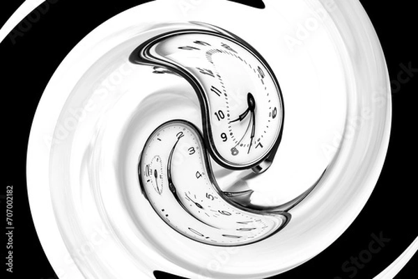 Obraz Creative image of melting  clocks in a bowl of cream in black and white