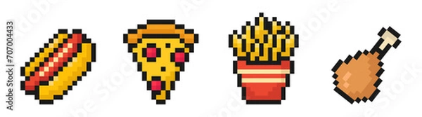 Obraz fast food icons collection, pixel art set, 8 bit, old arcade game style, hot dog, slice of pizza, french fries, chicken leg, vector illustration