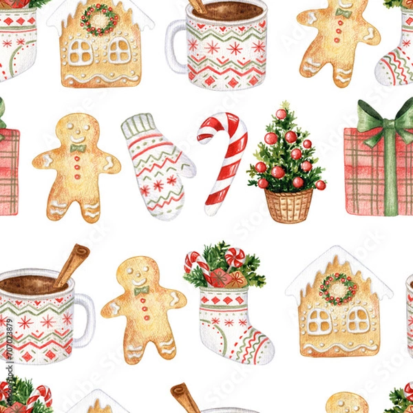 Obraz Watercolor Christmas pattern with hand drawn elements