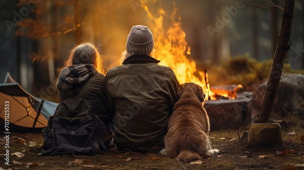 Obraz Senior couple with dog in the autumn forest