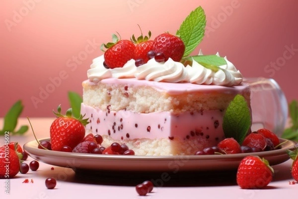 Fototapeta 3D Render of a Strawberry Shortcake Slice, on an isolated Berry Pink background, Generative AI 
