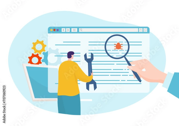 Obraz Person holding magnifying glass over code and person holding wrench, analyzing bug in software. Programmers debugging code vector illustration.