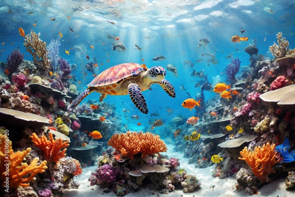 Fototapeta Vibrant underwater scene a coral reef with colorful fish and a gentle sea turtle swimming