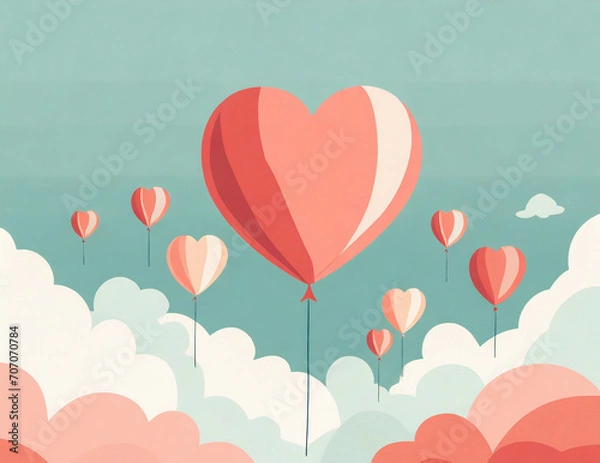Fototapeta たくさんの赤いハートのバルーンがふわふわした雲の上に浮かんでいるイラスト　