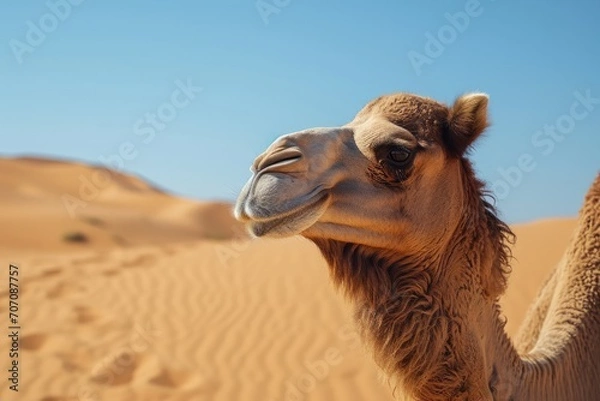 Fototapeta An arabian camel stands tall amidst the vast, sandy landscape of the sahara, its majestic presence a testament to the resilience of terrestrial animals in the harsh desert environment