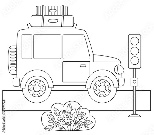 Fototapeta  Car with baggage on the road. Outline for colouring