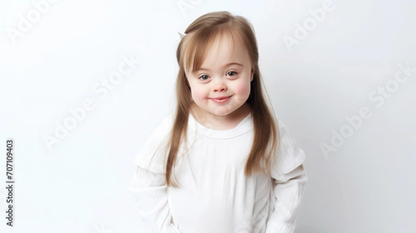Fototapeta little cute girl with down syndrome in casual clothes on a white background, smiling child, person with special needs, kid, toddler, childhood, chromosomal disease, disability, studio portrait