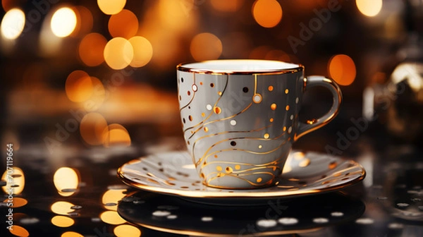 Fototapeta White cup standing on the table with beautiful golden abstract designs. Atmospheric nice warm background. Generative AI