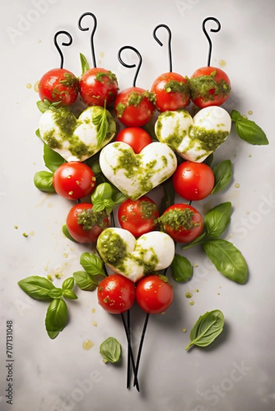 Fototapeta Caprese skewers with heart shaped mozzarella, cherry tomatoes, green pesto sauce and fresh basil leaves on background. Valentine's day appetizer idea. Vertical, top view.