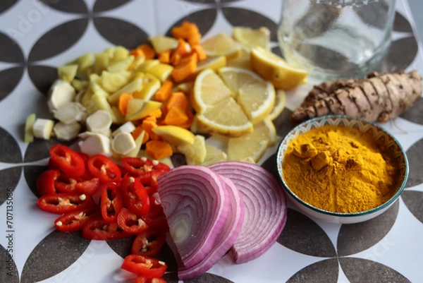 Fototapeta Fire cider chopped ingredients on grey tiled background. Top view photo of turmeric, ginger, pepper, garlic, onion and lemon. 