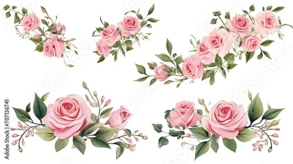 Fototapeta Set of vector bouquets of pink rose. Flowers on white background. All elements are isolated. Elements for wedding design. Corners and borders of pink roses. generative ai