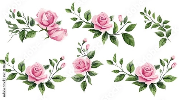 Fototapeta Set of vector bouquets of pink rose. Flowers on white background. All elements are isolated. Elements for wedding design. Corners and borders of pink roses. generative ai