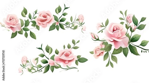 Fototapeta Set of vector bouquets of pink rose. Flowers on white background. All elements are isolated. Elements for wedding design. Corners and borders of pink roses. generative ai
