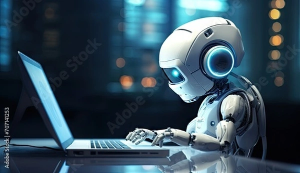 Fototapeta Futuristic robot working on laptop in modern office setting